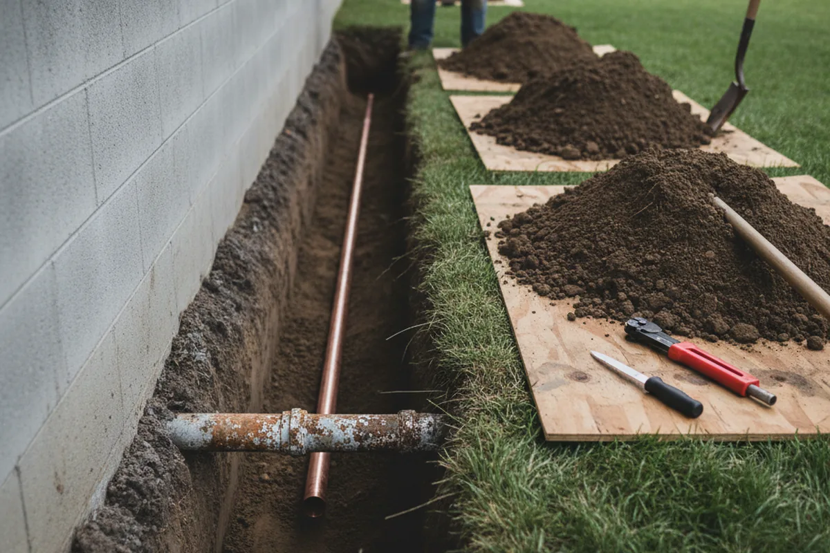 Excavated water line trench during Sewer Line Repair in Bradyville